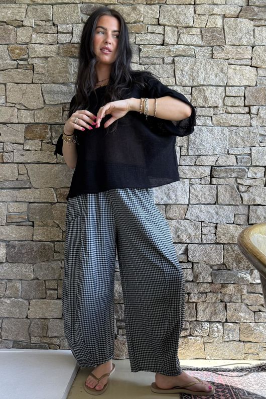 Arbi Gingham Relaxed Barrel Pant Black  